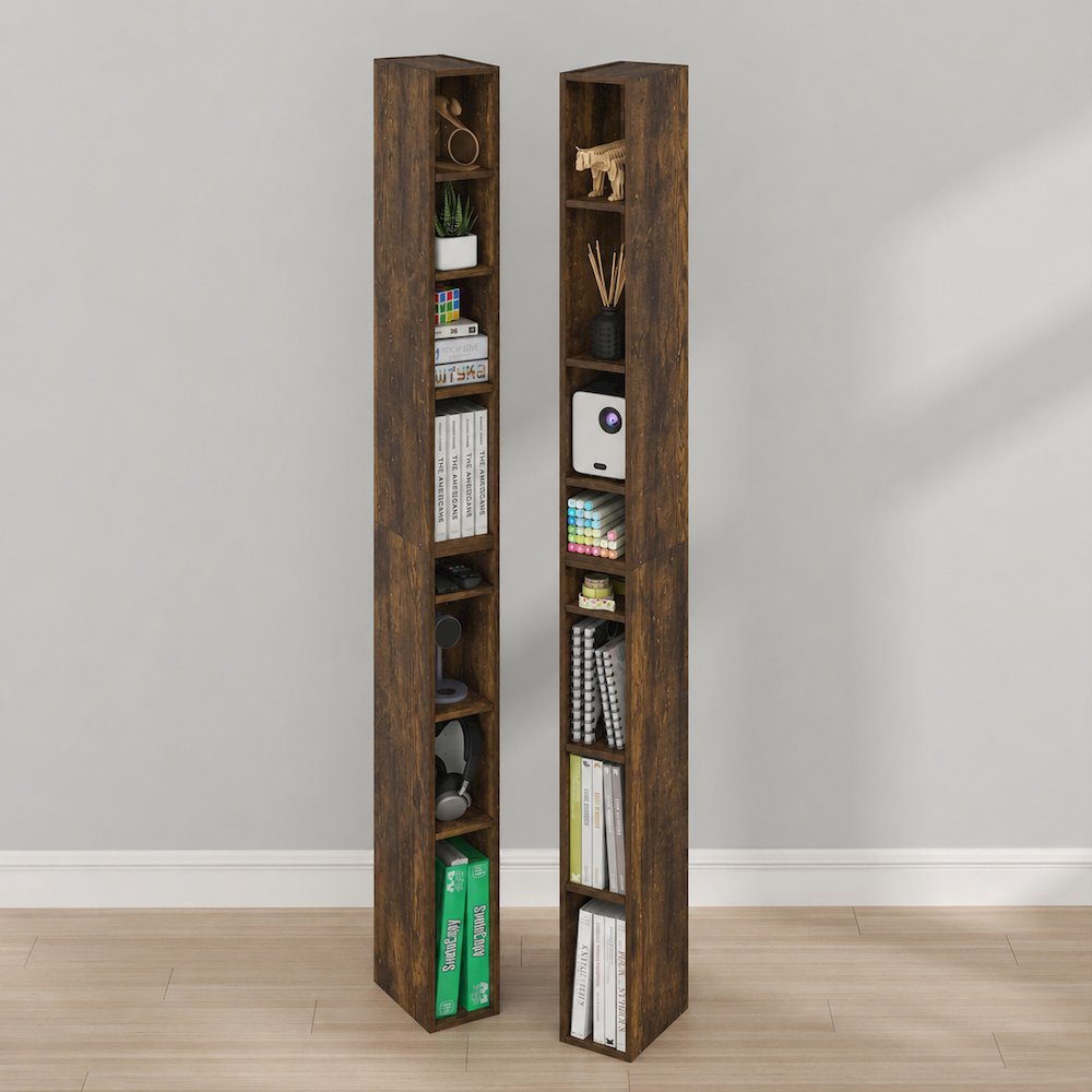 FULDA Set of 2, 8-Tier Bookshelf, Space Saving, 9.2x5.9x70.9, Amber Pine. Picture 2