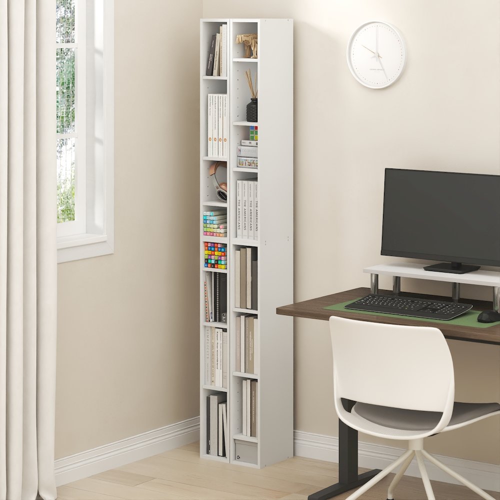 FULDA Set of 2, 8-Tier Bookshelf, Space Saving, 9.2x5.9x70.9, White. Picture 3