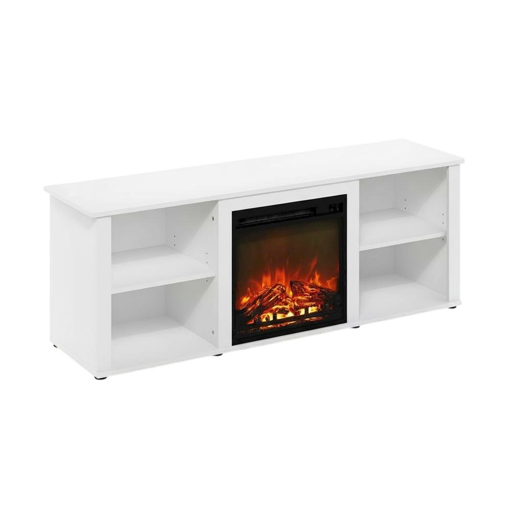 Solid White TV Stand with Fireplace and Wood Construction for Living Room. Picture 1