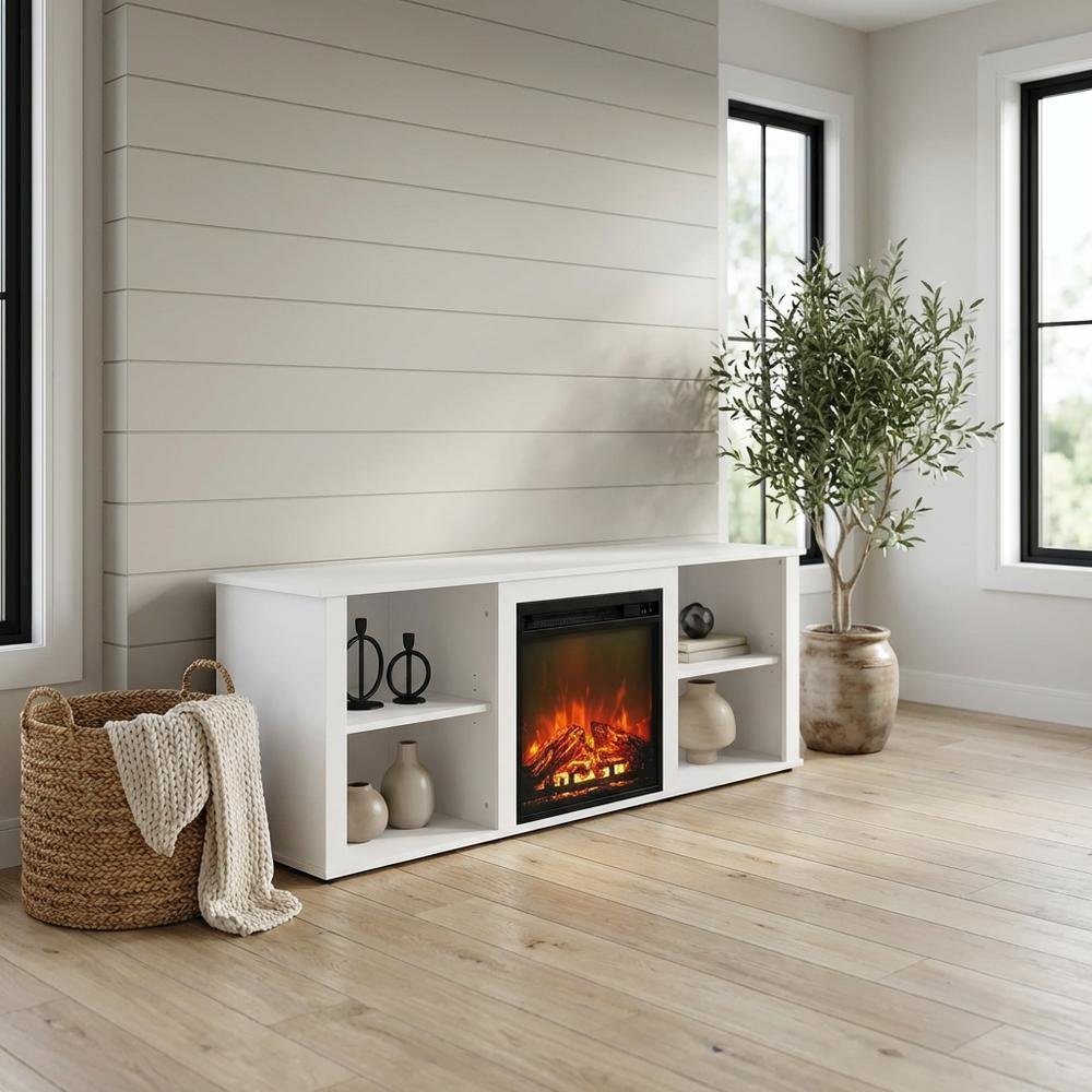 Solid White TV Stand with Fireplace and Wood Construction for Living Room. Picture 2