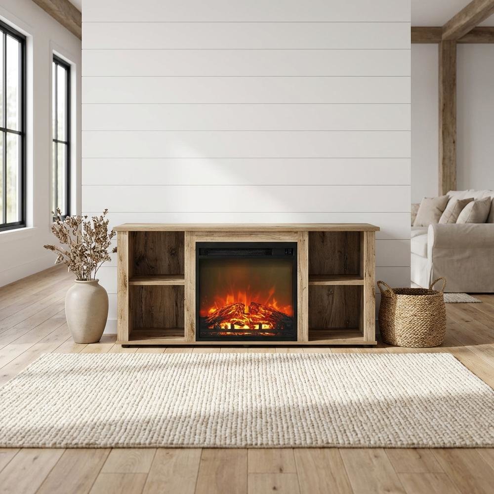 Wood Entertainment Center with Fireplace in Brown finish for Living Room. Picture 2