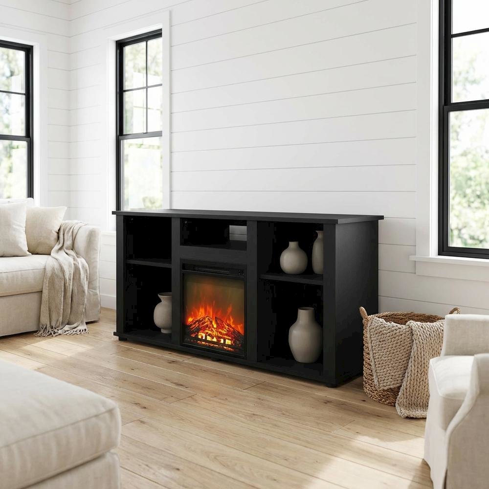 Brown Fireplace TV Stand with Open Storage for TVs up to 55 inches. Picture 2