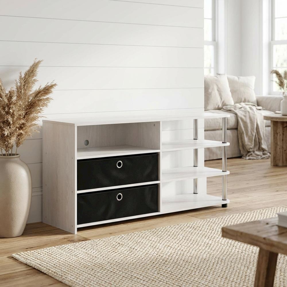 Wooden TV stand for up to 55 inches with storage bins, White Oak finish. Picture 2