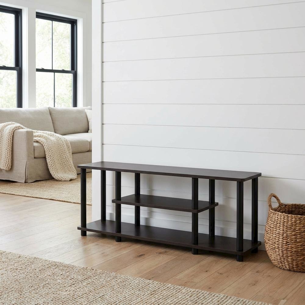 Walnut TV Stand with 3-Tier Open Storage and Modern Design. Picture 2