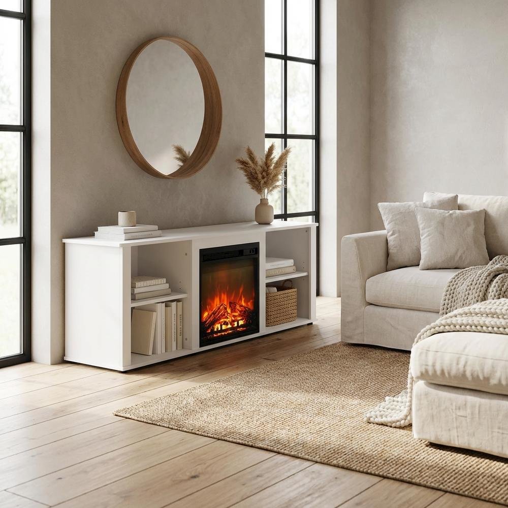 Solid White TV Stand with Fireplace and Wood Construction for Living Room. Picture 3
