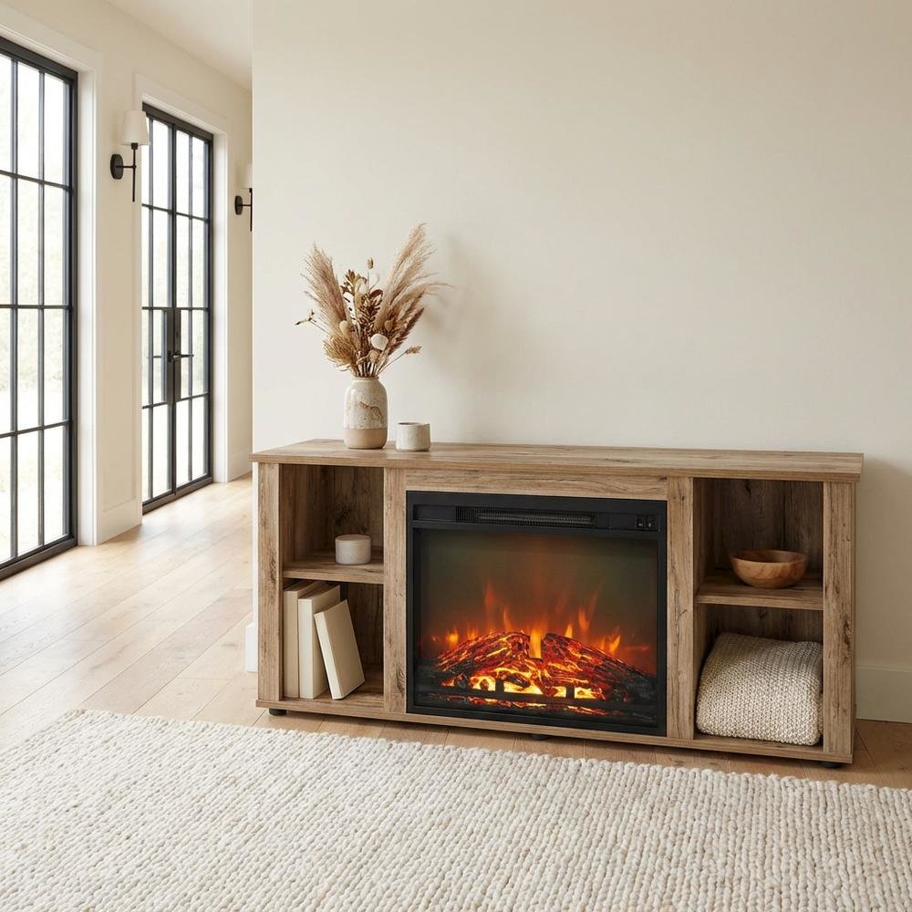 Wood Entertainment Center with Fireplace in Brown finish for Living Room. Picture 3