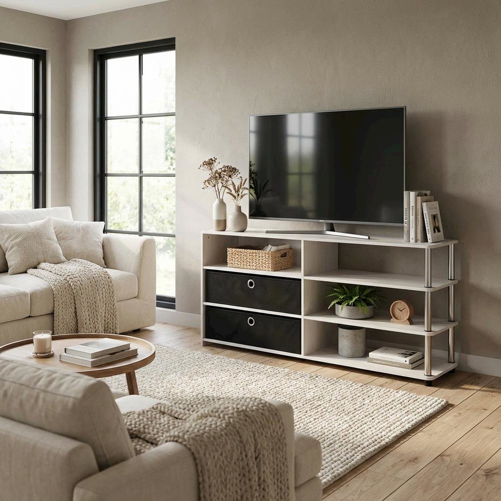 Wooden TV stand for up to 55 inches with storage bins, White Oak finish. Picture 3