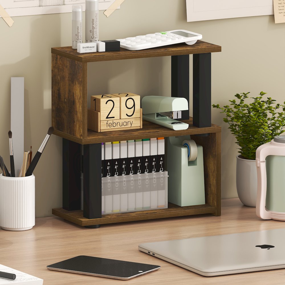 TURN-N-TUBE 3-Tier Corner Desk Organizer, Desktop Shelf, Amber Pine. Picture 3