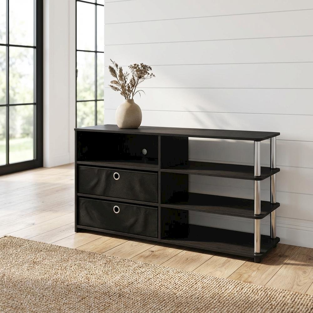 Wood TV stand for up to 55-inch with storage bins, stainless steel accents. Picture 2