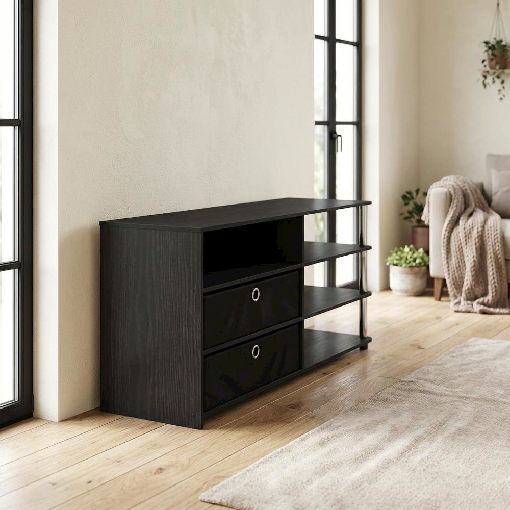Wood TV stand for up to 55-inch with storage bins, stainless steel accents. Picture 3