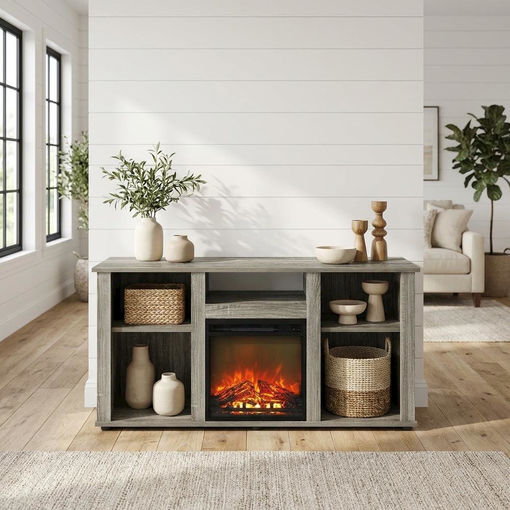 Gray Fireplace TV Stand with Open Storage for Up to 55-Inch Flat Screens. Picture 2