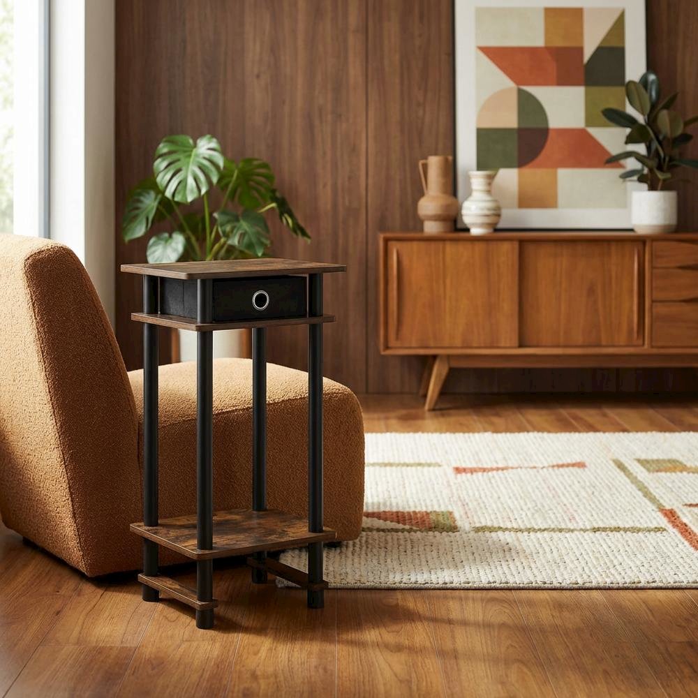 Amber Pine and Black Tall End Table with Storage Bin for Living Room. Picture 2