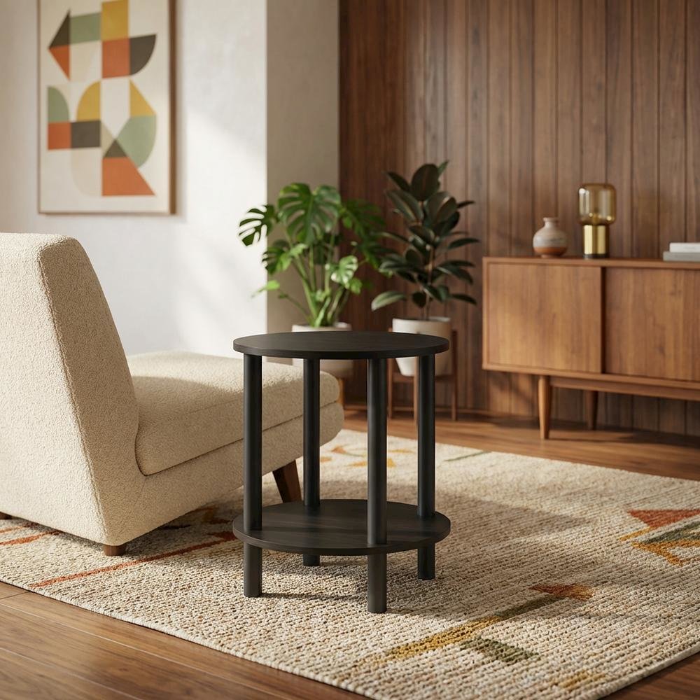 Round Wooden End Table with Espresso and Black Finish, Modern Side Table. Picture 3