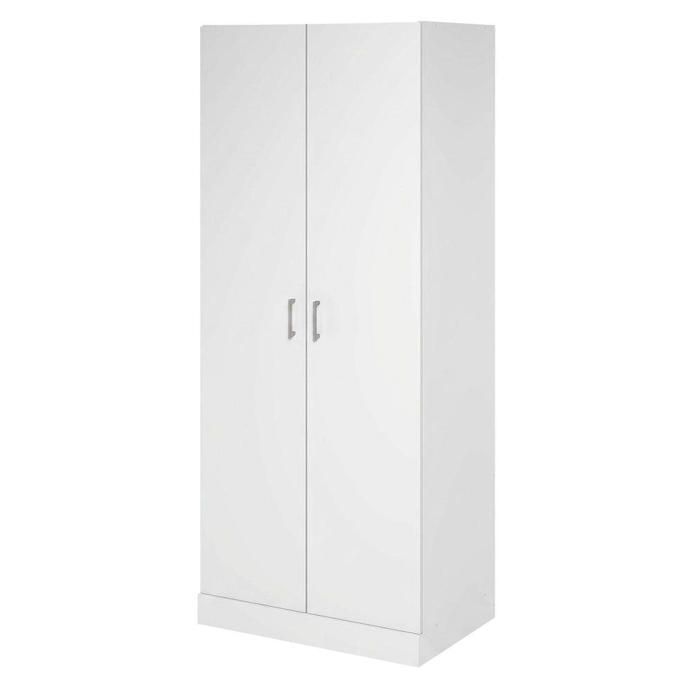 White Wood Wardrobe Cabinet with Hanging Rod and Closet Shelves. Picture 1