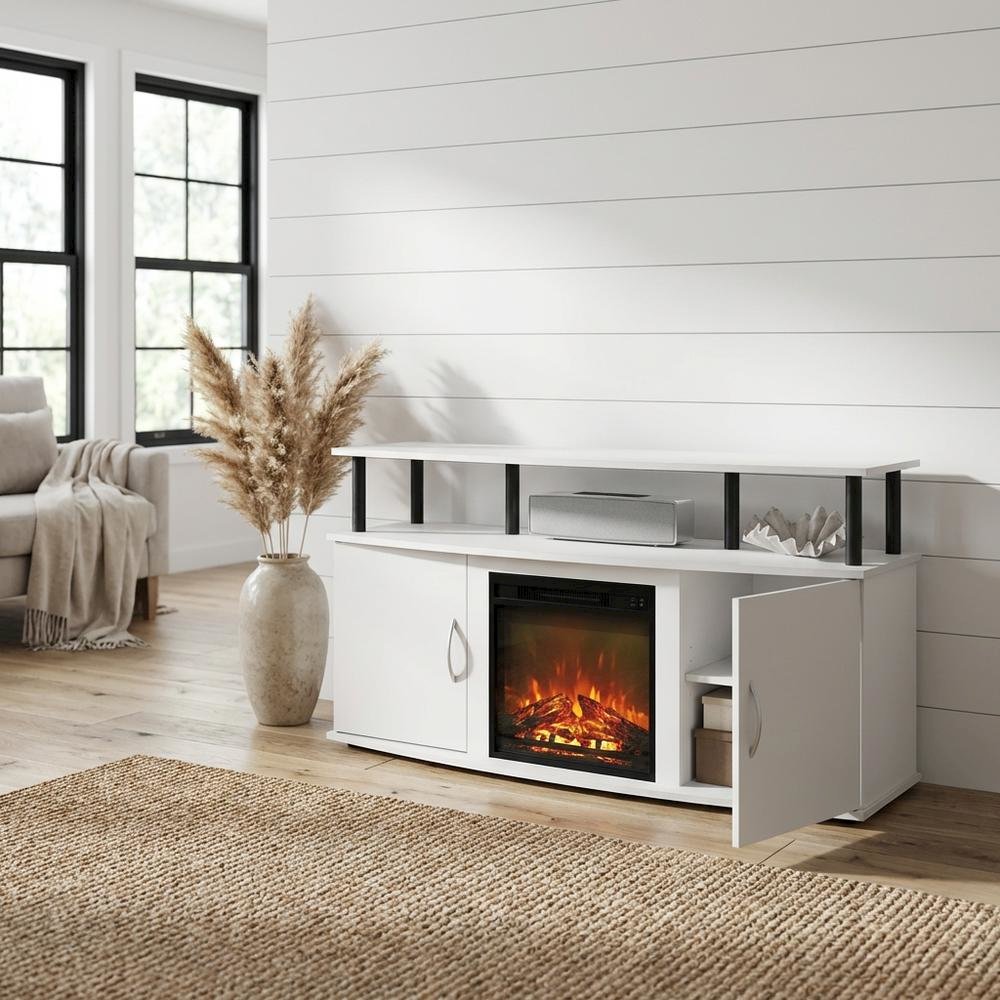 White Fireplace Entertainment Center, Doors, Storage Cabinet, Up to 55-Inch TV. Picture 2