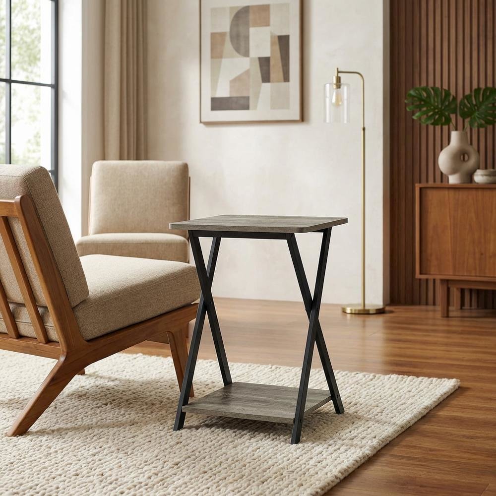 Grey Oak and Black Finish End Table with Modern Design. Picture 3