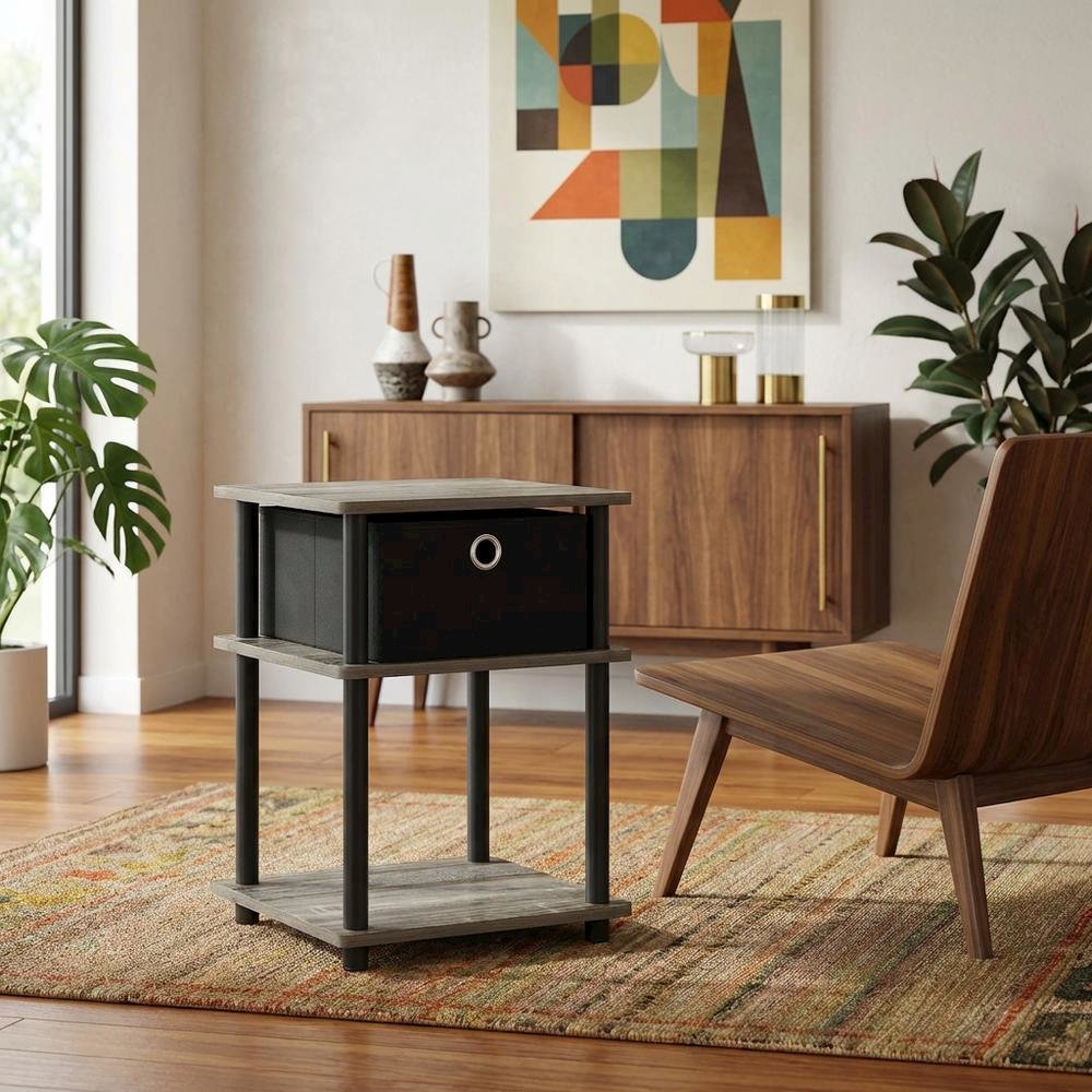 3-Tier End Table with Storage Bin in Grey Oak and Black Finish. Picture 3