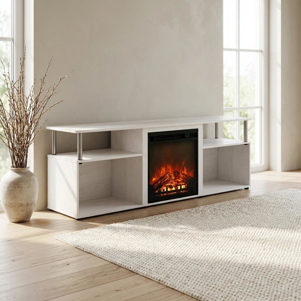 White Oak, Chrome Fireplace Entertainment Center, TVs up to 70 Inches. Picture 3