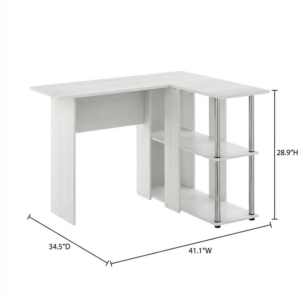 White Oak L-Shape Desk, Bookshelf And Stainless Steel Tubes For Office Spaces. Picture 7