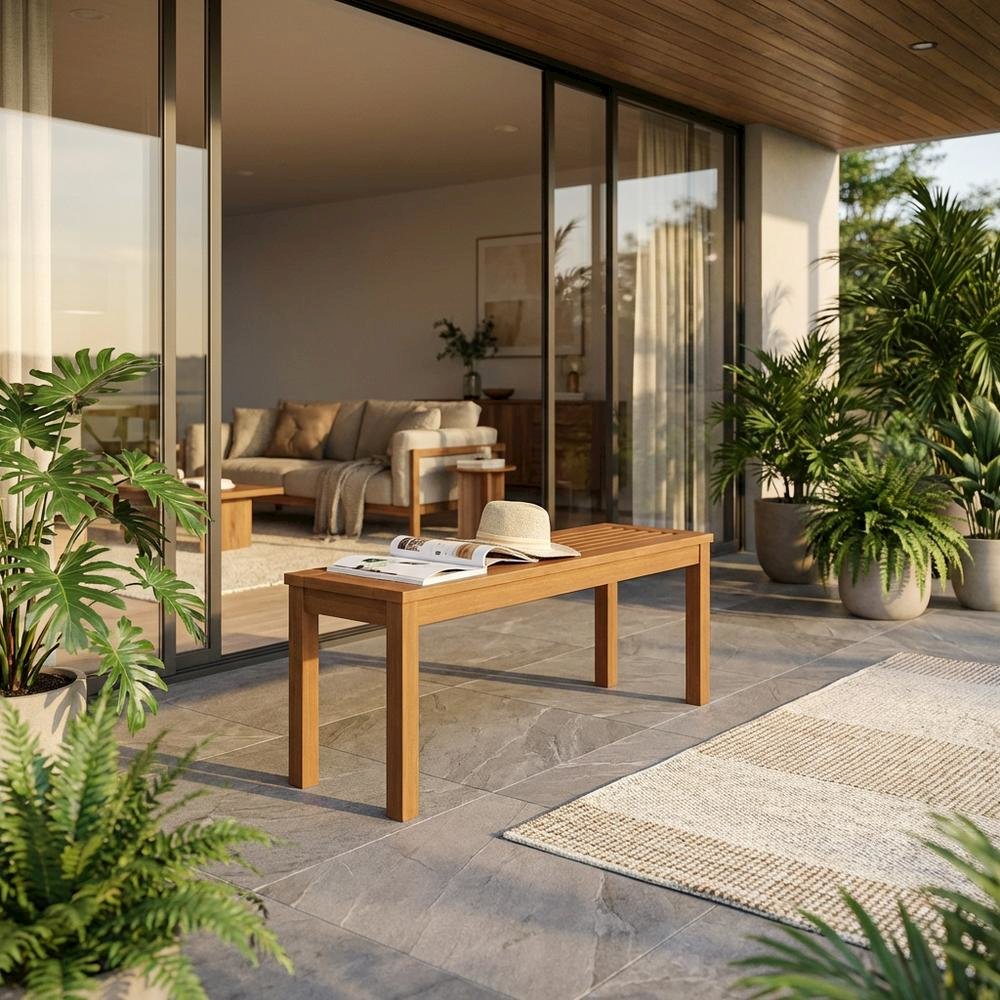 Backless outdoor garden bench with light wood finish for patio and deck sitting. Picture 2