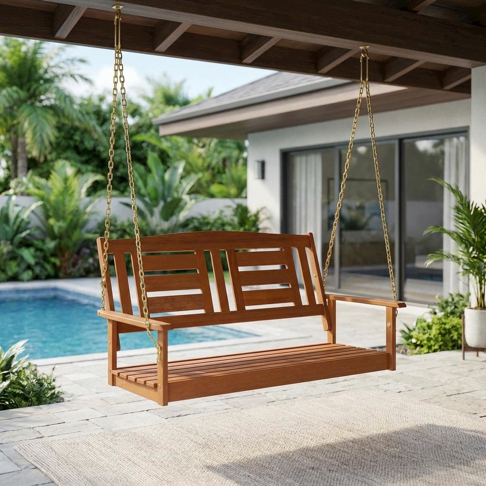 Teak Oil Finished Wood Swing Chair with Chain for Outdoor Relaxation. Picture 3