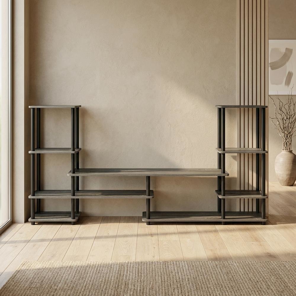 Modern Entertainment Center in French Oak Grey and Black with Spacious Storage. Picture 3