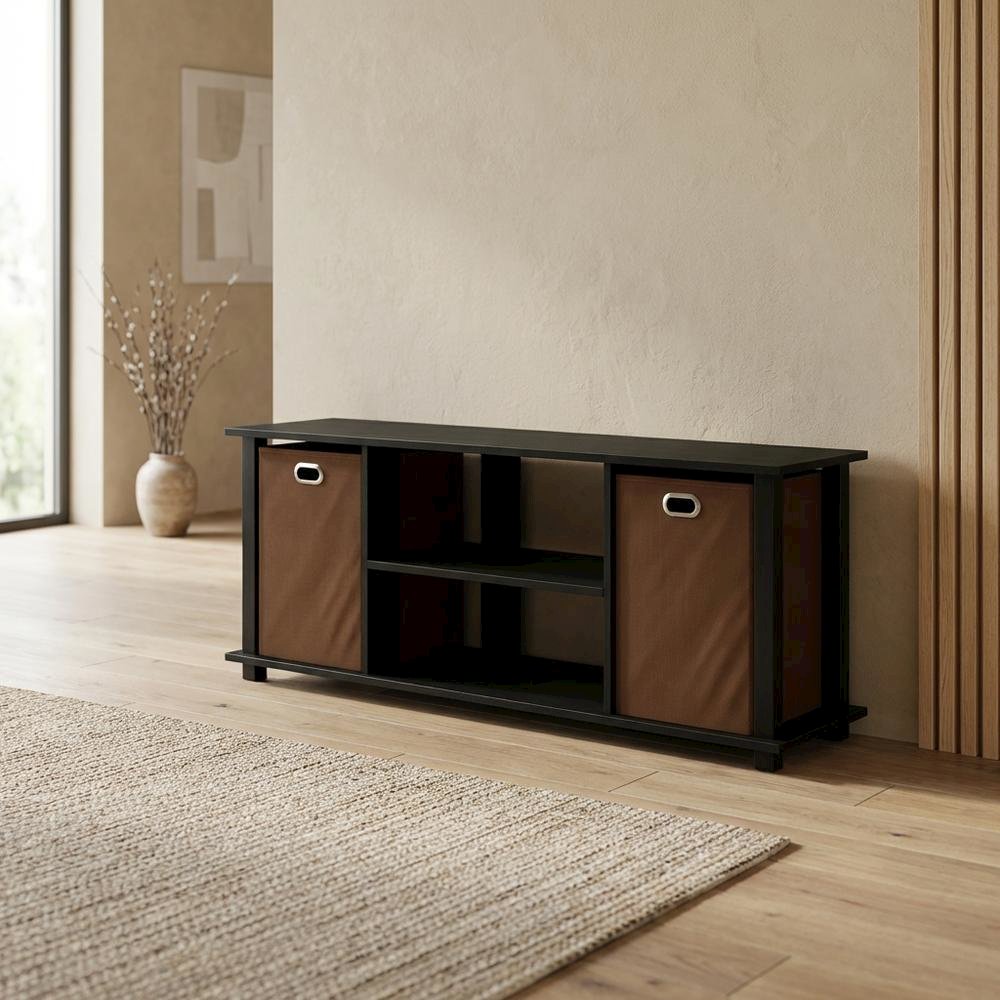 Wooden Entertainment Center with Storage Bins in Americano and Black Finish. Picture 3