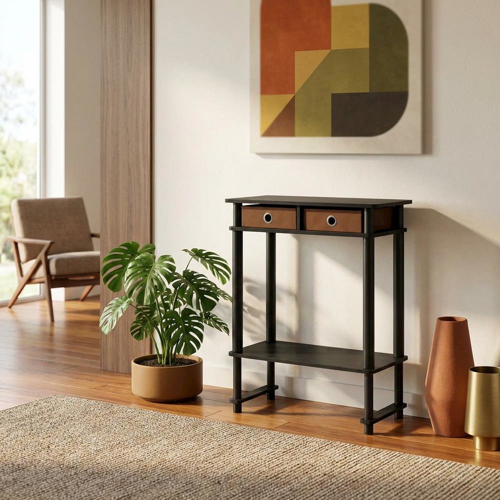 Espresso Hallway Console Table with Storage Bin and Modern Finish. Picture 3