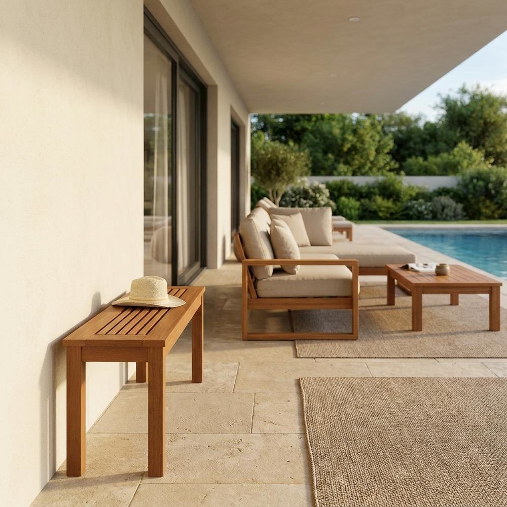 Natural Hardwood Bench, Teak Oil Finish, Backless Garden Seat. Picture 3