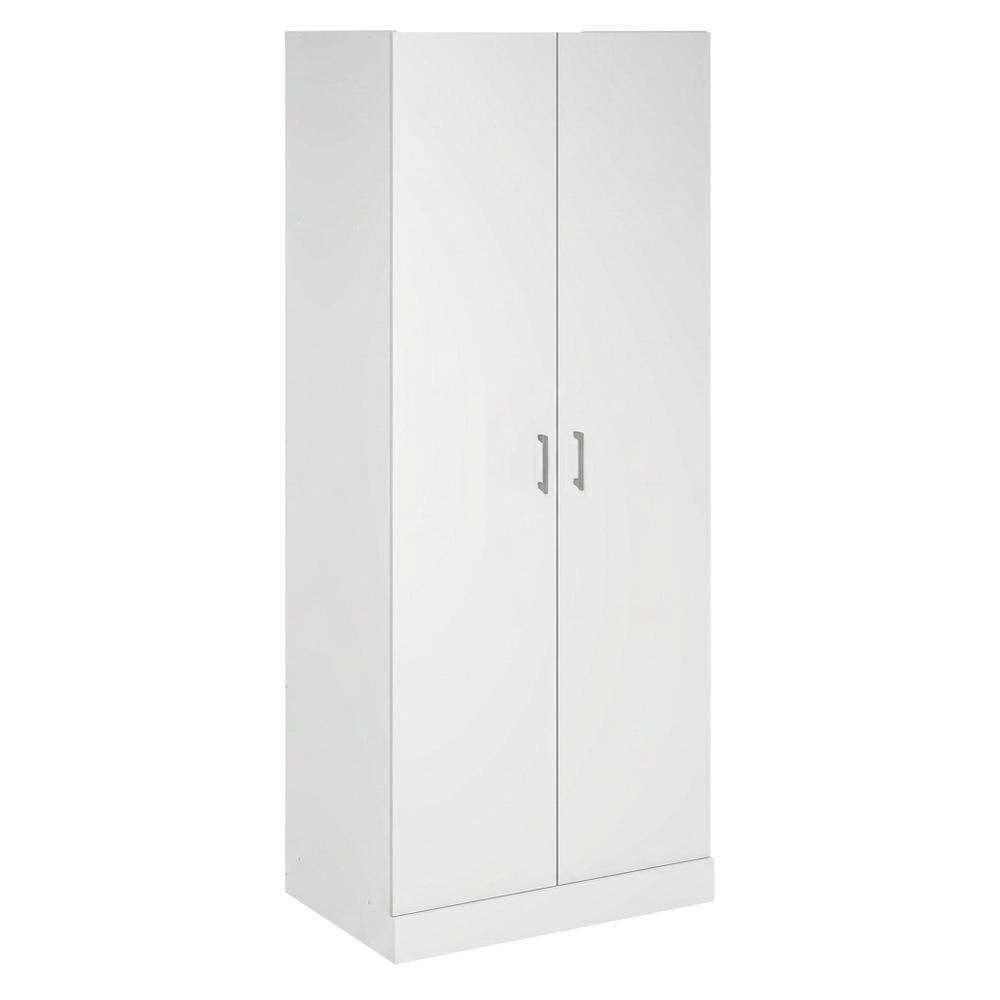 White Wood Wardrobe Cabinet with Hanging Rod and Closet Shelves. Picture 4