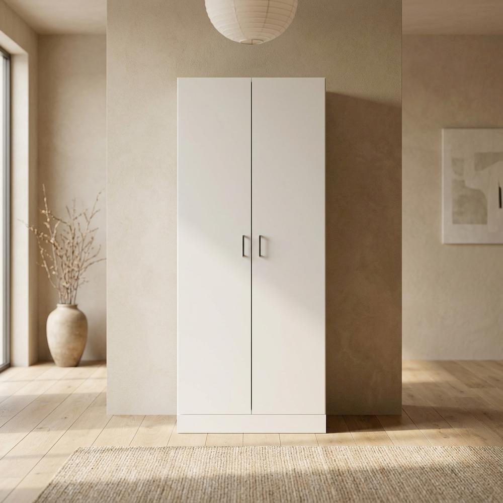 White Wood Wardrobe Cabinet with Hanging Rod and Closet Shelves. Picture 2