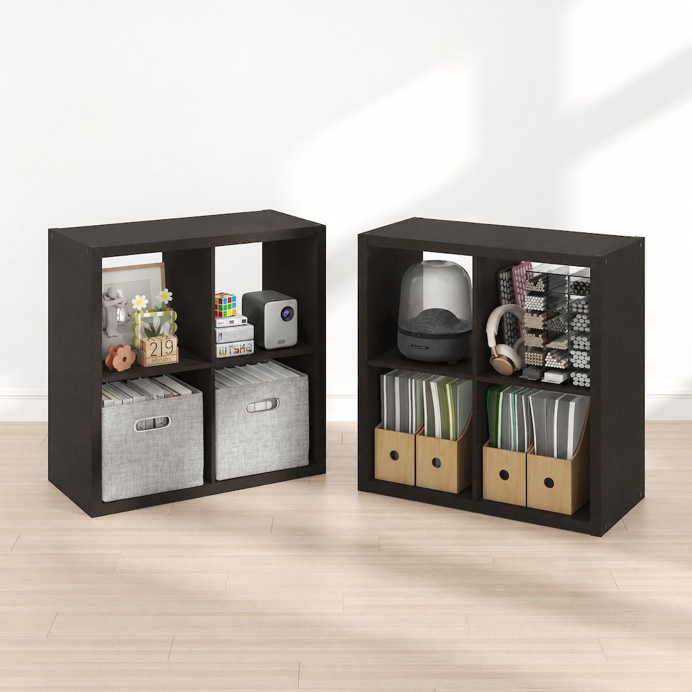 CUBICLE Set of 2, 4-Cube Bookshelf, Reversible, 14.6x30x30, Black Dark Oak. Picture 2