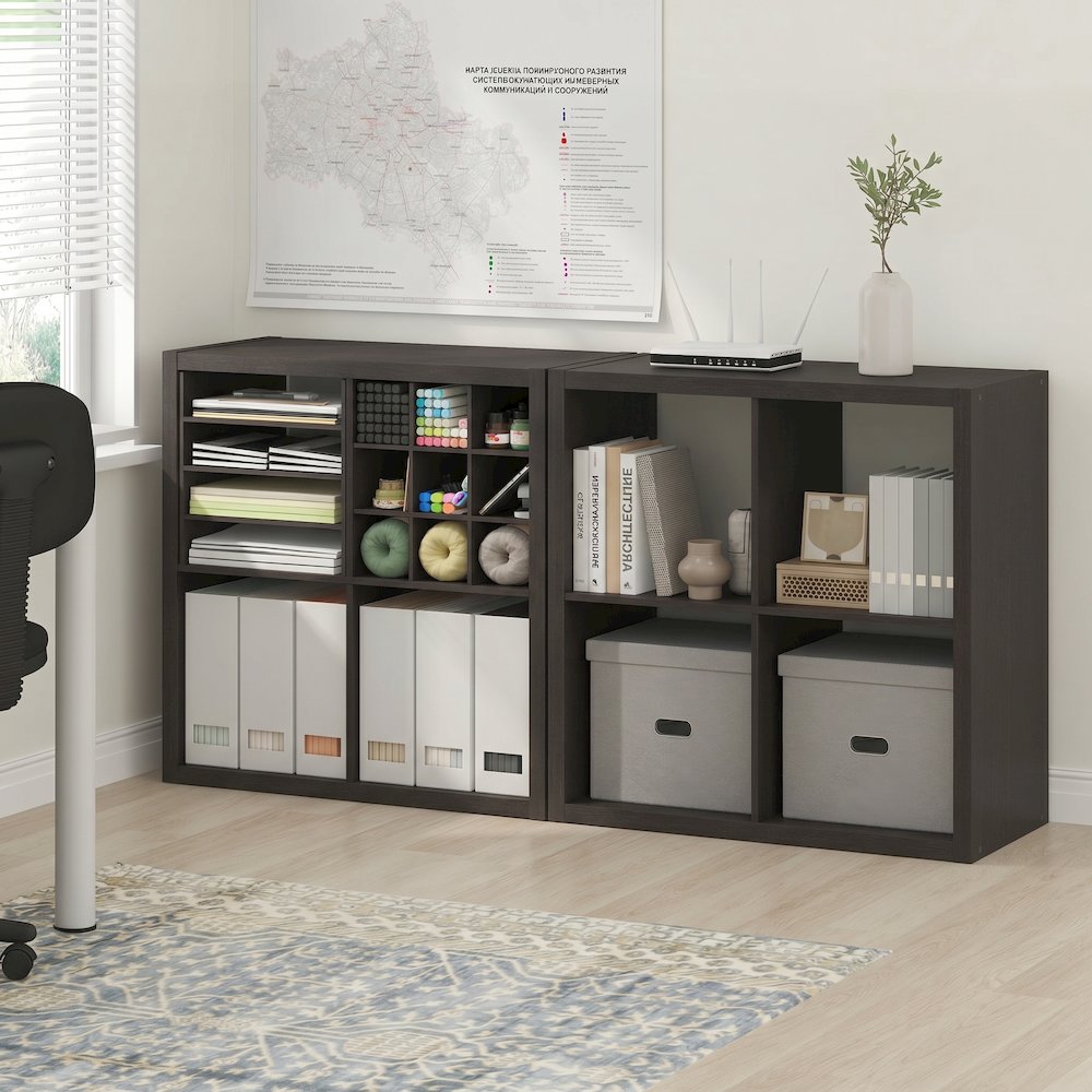 CUBICLE Set of 2, 4-Cube Bookshelf, Reversible, 14.6x30x30, Black Dark Oak. Picture 3