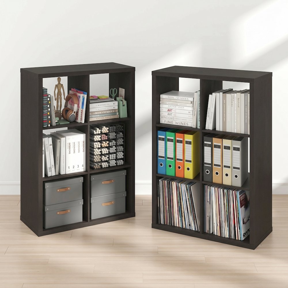 CUBICLE Set of 2, 6-Cube Bookshelf, Reversible, 14.6x43.8x30, Black Dark Oak. Picture 2