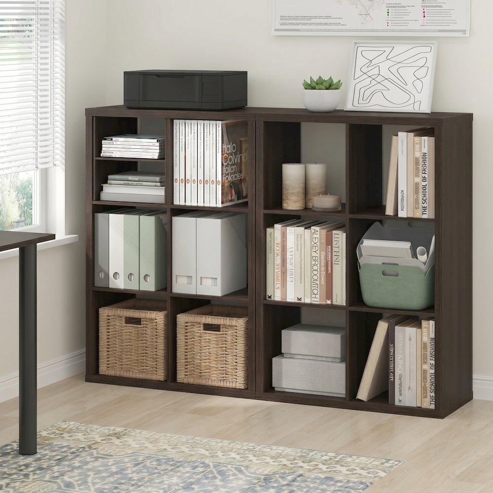 CUBICLE Set of 2, 6-Cube Bookshelf, Reversible, 14.6x43.8x30, Black Dark Oak. Picture 3