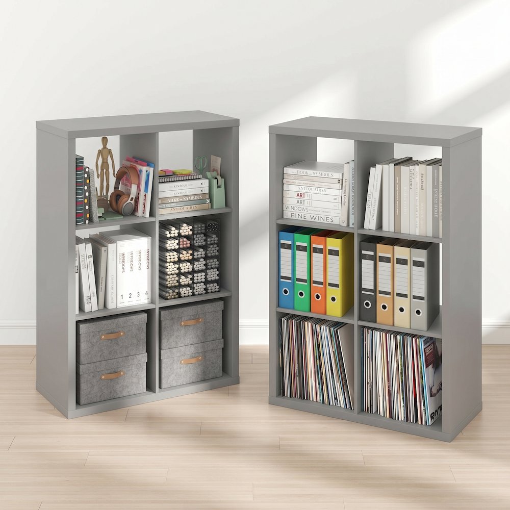 CUBICLE Set of 2, 6-Cube Bookshelf, Reversible, 14.6x43.8x30, Light Grey. Picture 2