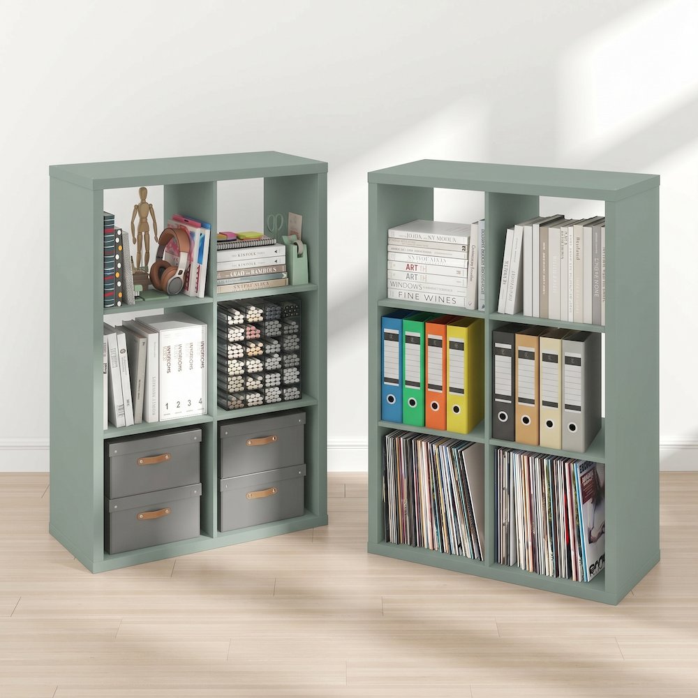 CUBICLE Set of 2, 6-Cube Bookshelf, Reversible, 14.6x43.8x30, Sage Green. Picture 2