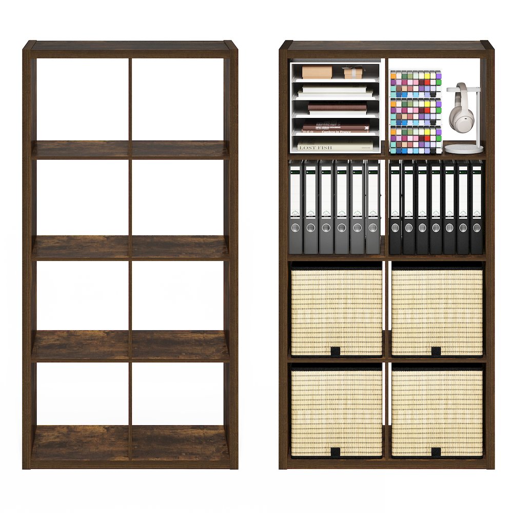 CUBICLE Set of 2, 8-Cube Bookshelf, Reversible, 14.6x30x57.9, Amber Pine. Picture 5