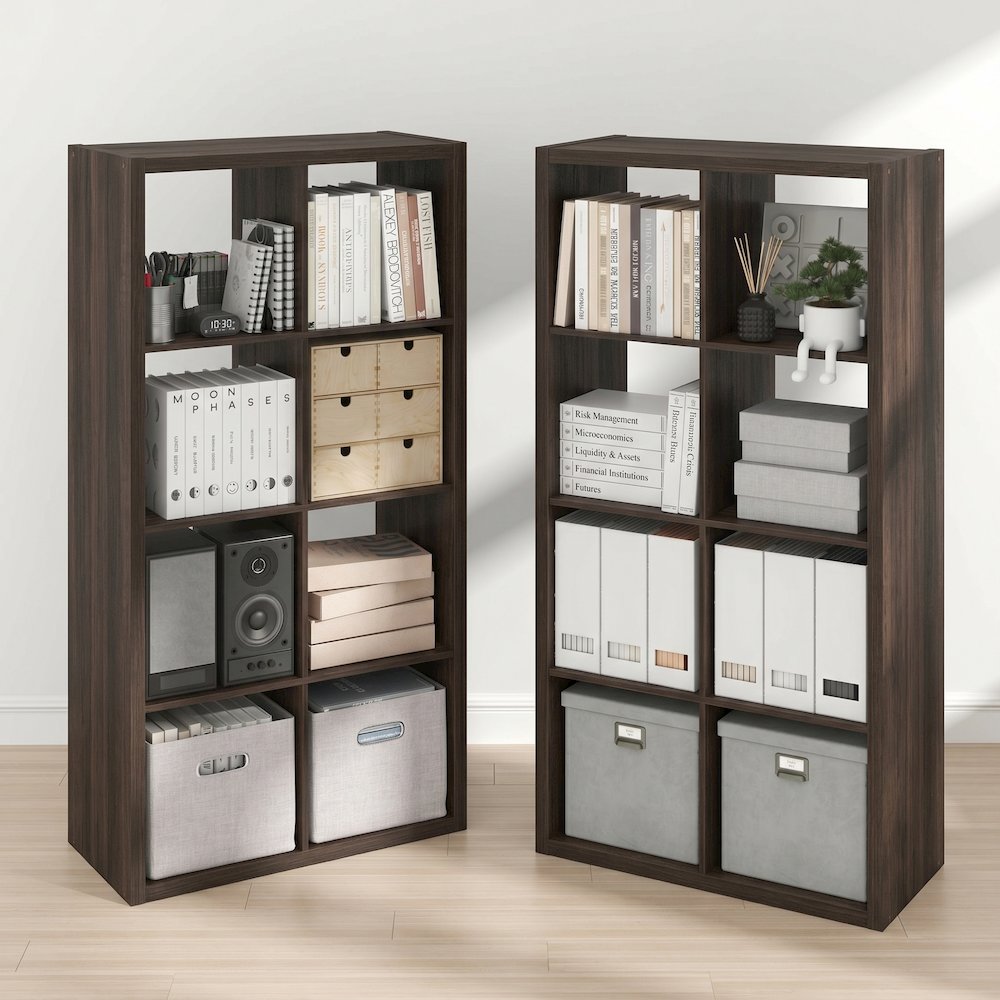 CUBICLE Set of 2, 8-Cube Bookshelf, Reversible, 14.6x30x57.9, Black Dark Oak. Picture 2