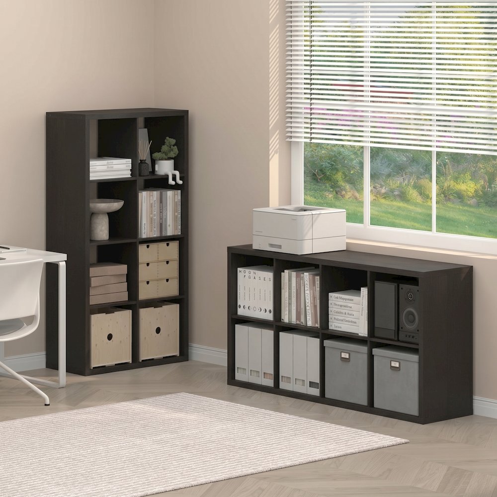 CUBICLE Set of 2, 8-Cube Bookshelf, Reversible, 14.6x30x57.9, Black Dark Oak. Picture 3