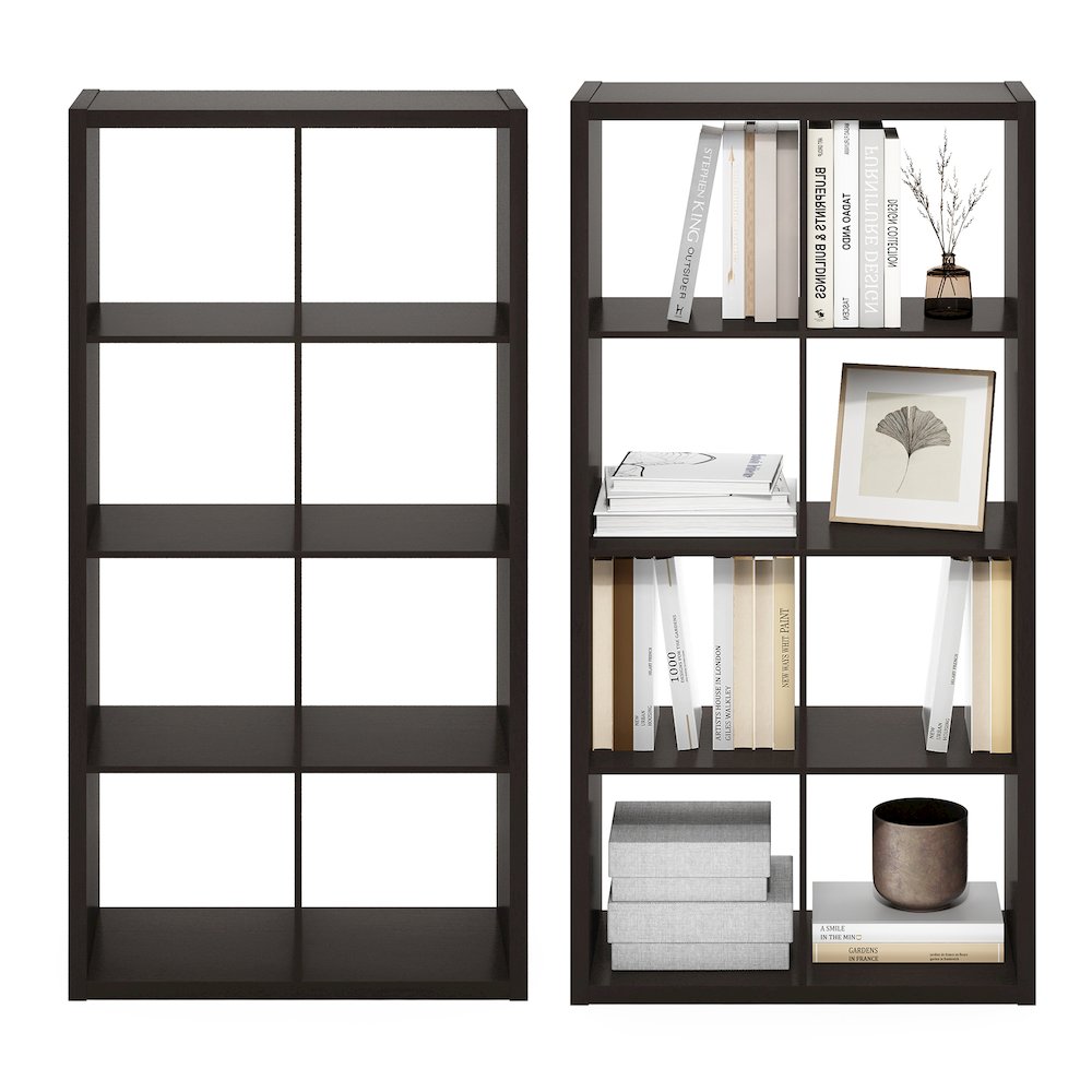CUBICLE Set of 2, 8-Cube Bookshelf, Reversible, 14.6x30x57.9, Black Dark Oak. Picture 5