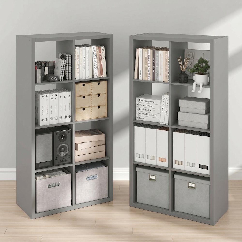 CUBICLE Set of 2, 8-Cube Bookshelf, Reversible, 14.6x30x57.9, Light Grey. Picture 2