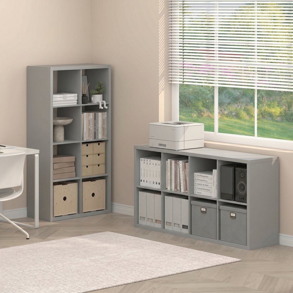 CUBICLE Set of 2, 8-Cube Bookshelf, Reversible, 14.6x30x57.9, Light Grey. Picture 3