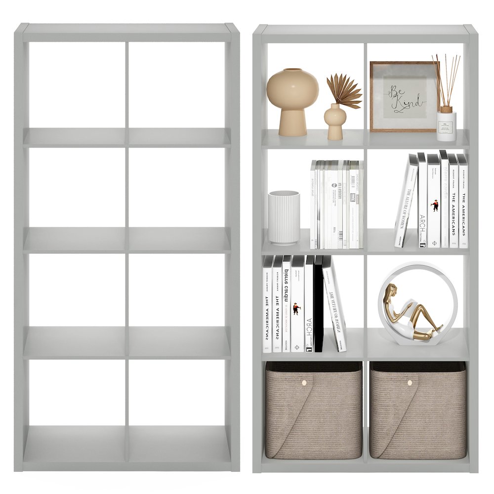 CUBICLE Set of 2, 8-Cube Bookshelf, Reversible, 14.6x30x57.9, Light Grey. Picture 5