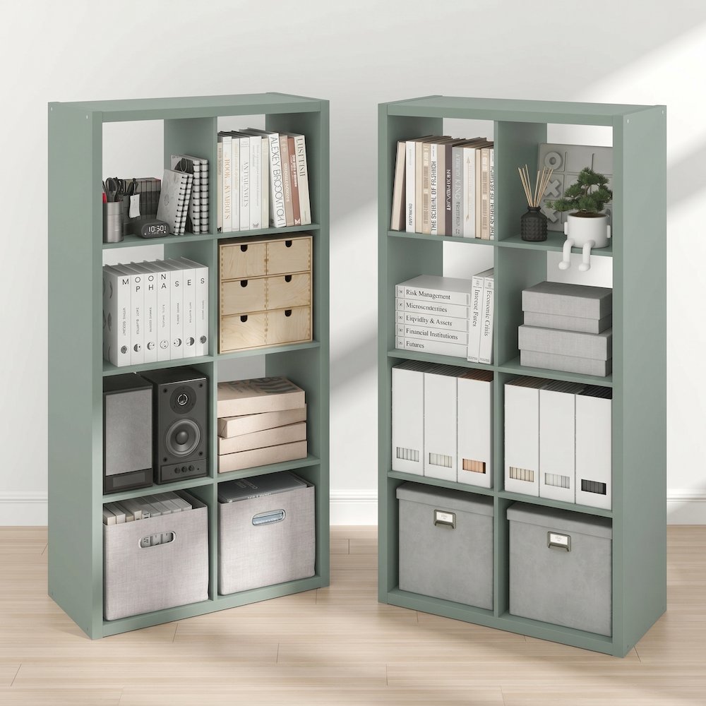 CUBICLE Set of 2, 8-Cube Bookshelf, Reversible, 14.6x30x57.9, Sage Green. Picture 2