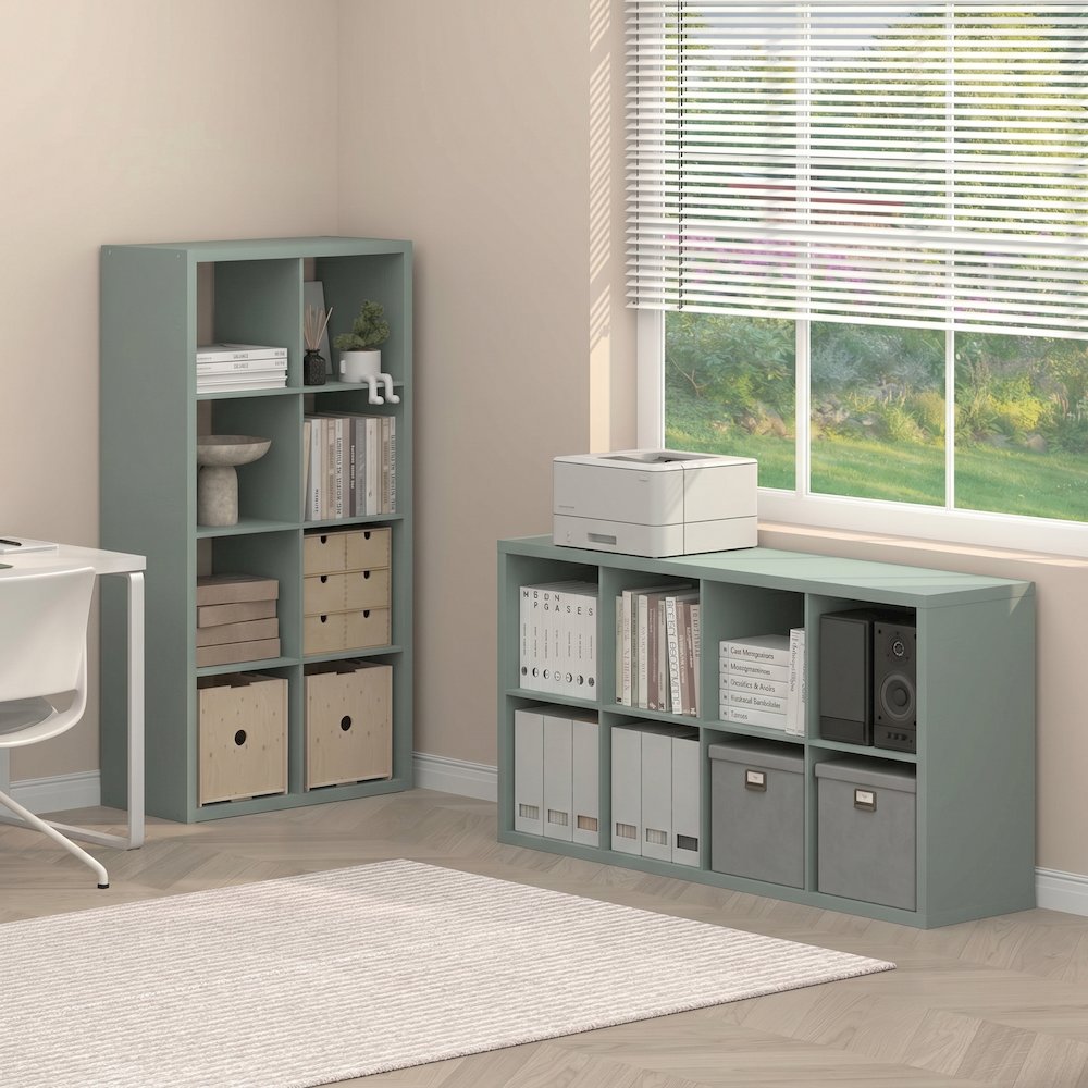 CUBICLE Set of 2, 8-Cube Bookshelf, Reversible, 14.6x30x57.9, Sage Green. Picture 3