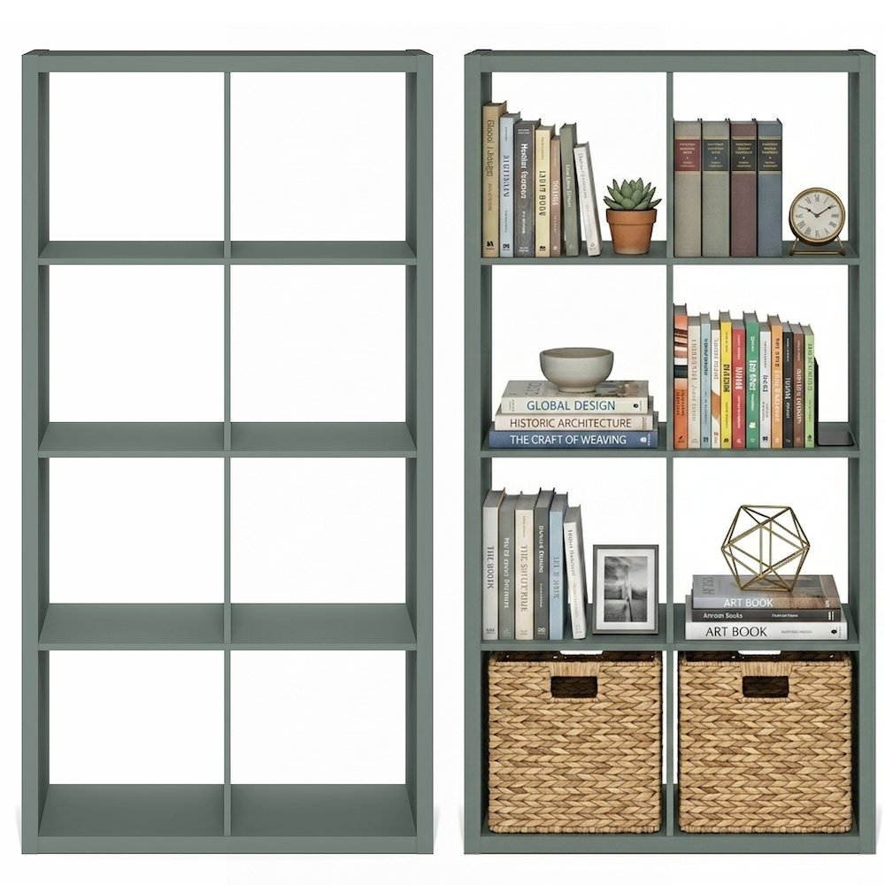 CUBICLE Set of 2, 8-Cube Bookshelf, Reversible, 14.6x30x57.9, Sage Green. Picture 5