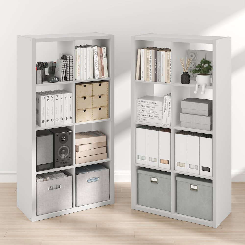CUBICLE Set of 2, 8-Cube Bookshelf, Reversible, 14.6x30x57.9, White. Picture 2