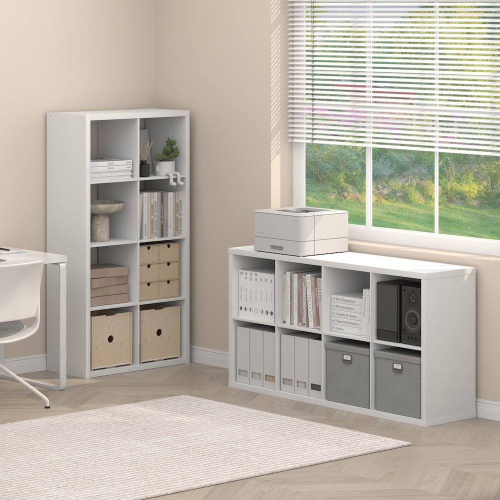 CUBICLE Set of 2, 8-Cube Bookshelf, Reversible, 14.6x30x57.9, White. Picture 3