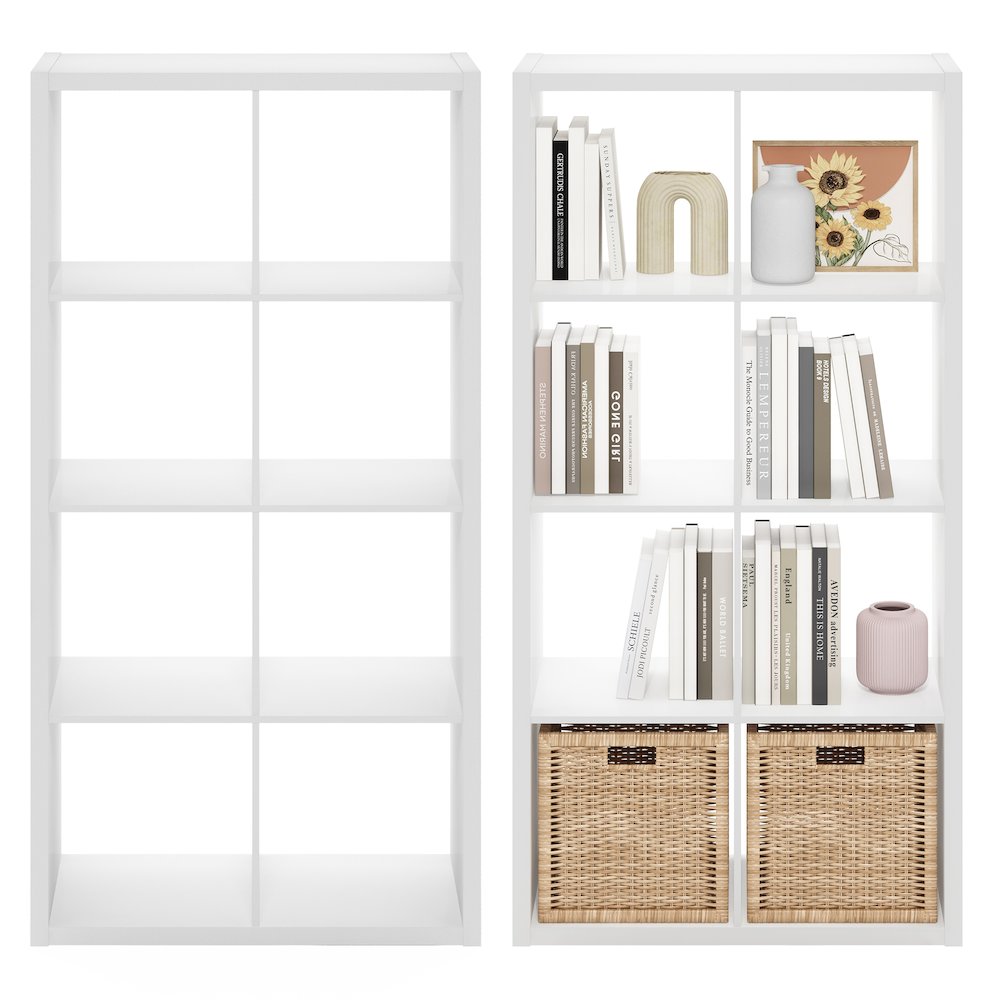 CUBICLE Set of 2, 8-Cube Bookshelf, Reversible, 14.6x30x57.9, White. Picture 5